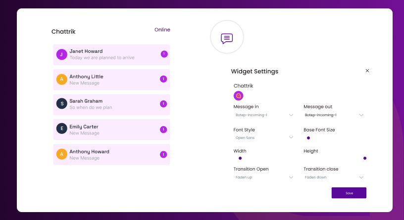 A software dashboard mockup displaying an active online chat inbox alongside chat widget configuration settings.